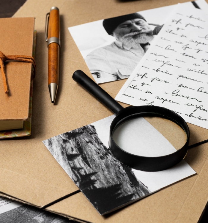 Détective privé examine un dossier d’enquête